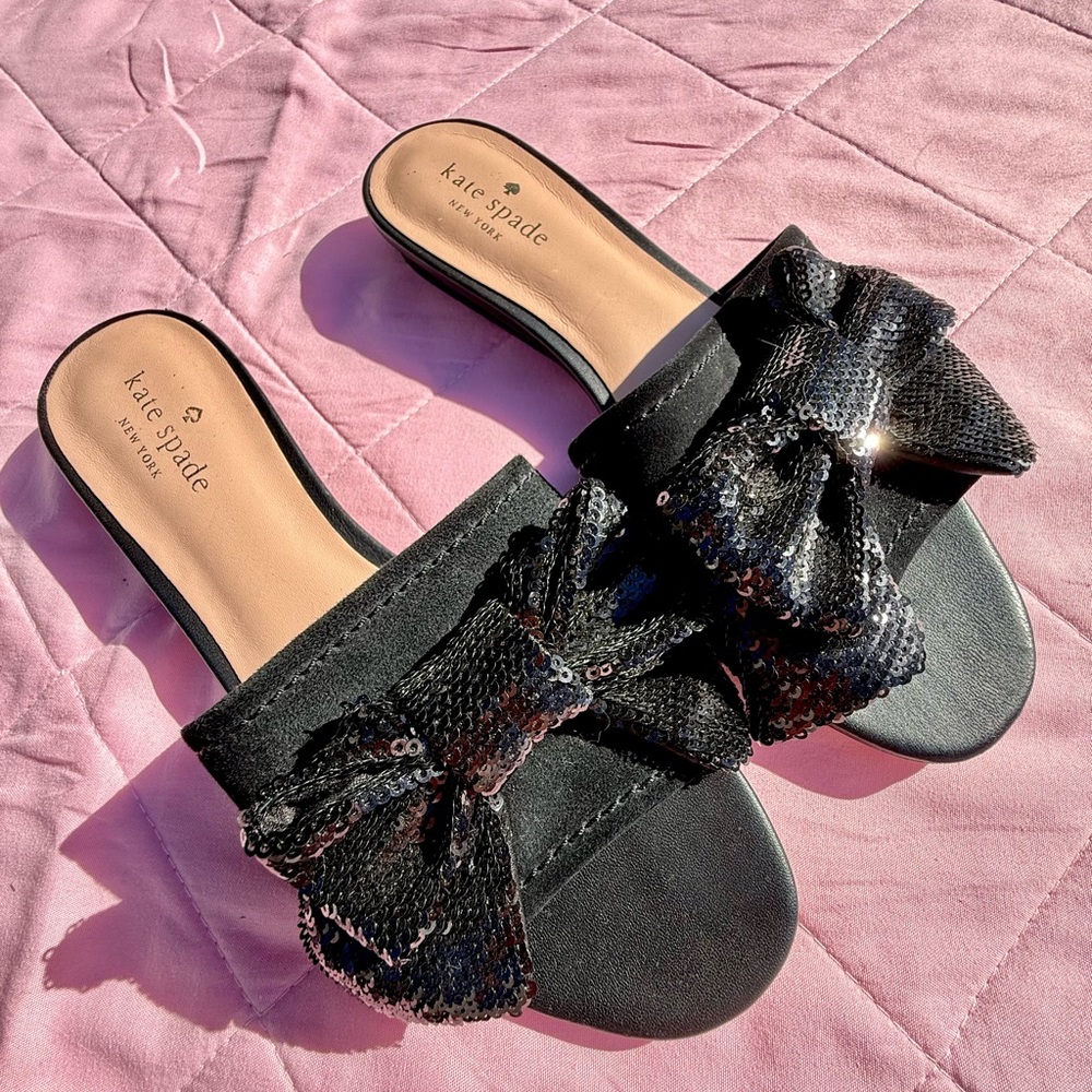 Kate Spade Black Sequin Bow Mules